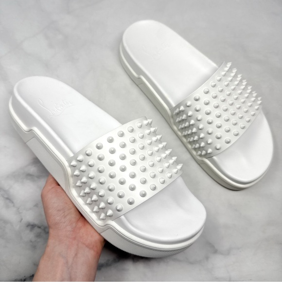 NEW Christian Louboutin Spiked Pool Fun Slide Flat Sandals Summer White Men's 43 - Picture 1 of 13